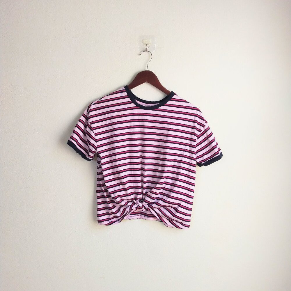 No Boundaries jrs large 11-13 pink striped box tie shirt